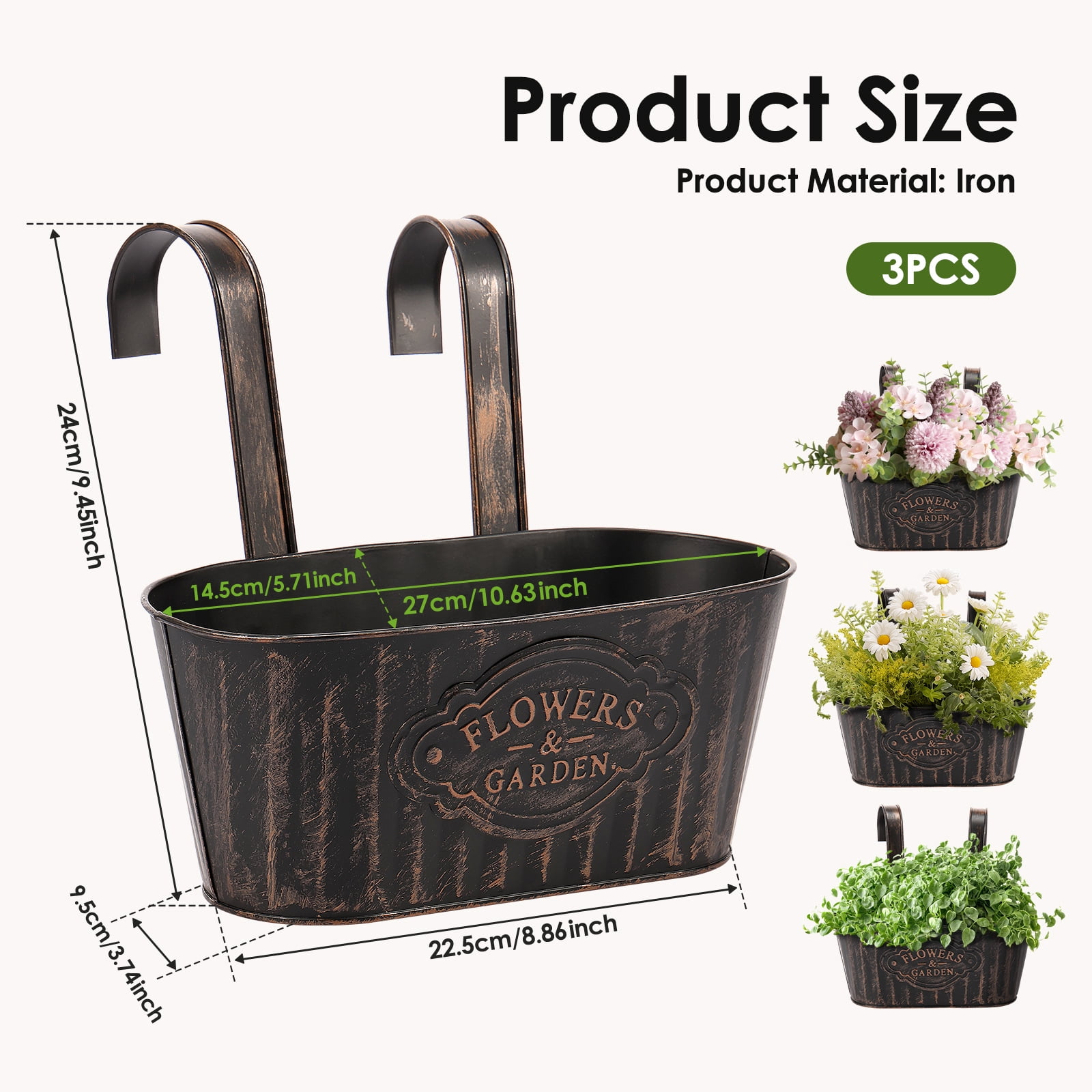 Keyohome 3Pcs Hanging Flower Pots,Metal Wall Planter,Iron Bucket Planter with Detachable Hooks for Indoor Outdoor,Drainage,Rustproof,Black,10.6"
