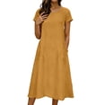 thumbnail image 3 of RongHuan Womens Linen Dress Casual Short Sleeve Dresses Crew Neck Solid Color Dress Summer Beach Sundress, 3 of 9
