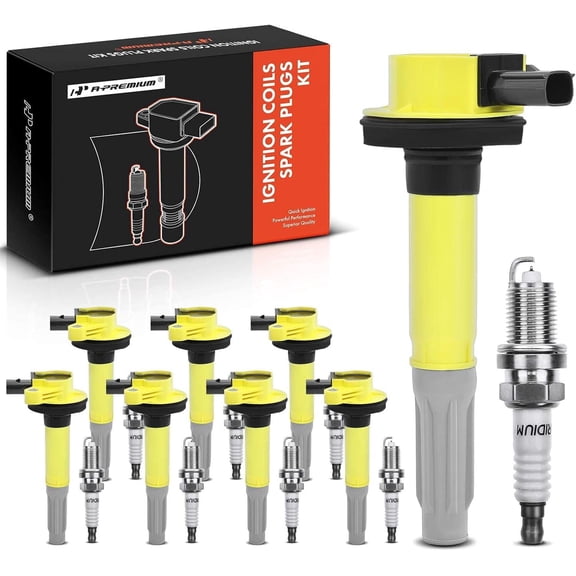 A-Premium (Yellow) Ignition Coils and Spark Plugs Kits Compatible with Ford F-150 2011-2016, Mustang 2011-2015, 5.0L 8-PC Set