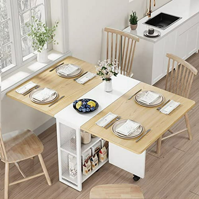Folding Dining Table with Wheels and 2 Storage Racks Space Saving Dining Table Folding Kitchen Table for Small Apartments