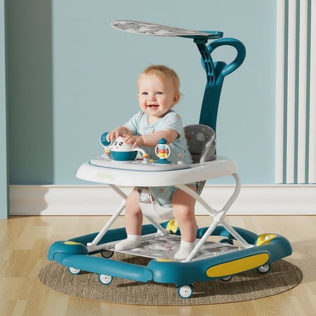 Puedo 6 in 1 Baby Walker with Wheels for Babies 6-24 Months, Foldable Push Walker for Boys Girls, Green