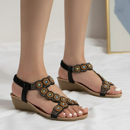 

Breathable Shiny Beaded Flat Sandals Slip On Summer Sandals For Women And Ladies Rubber Soft Sole Women Sandals