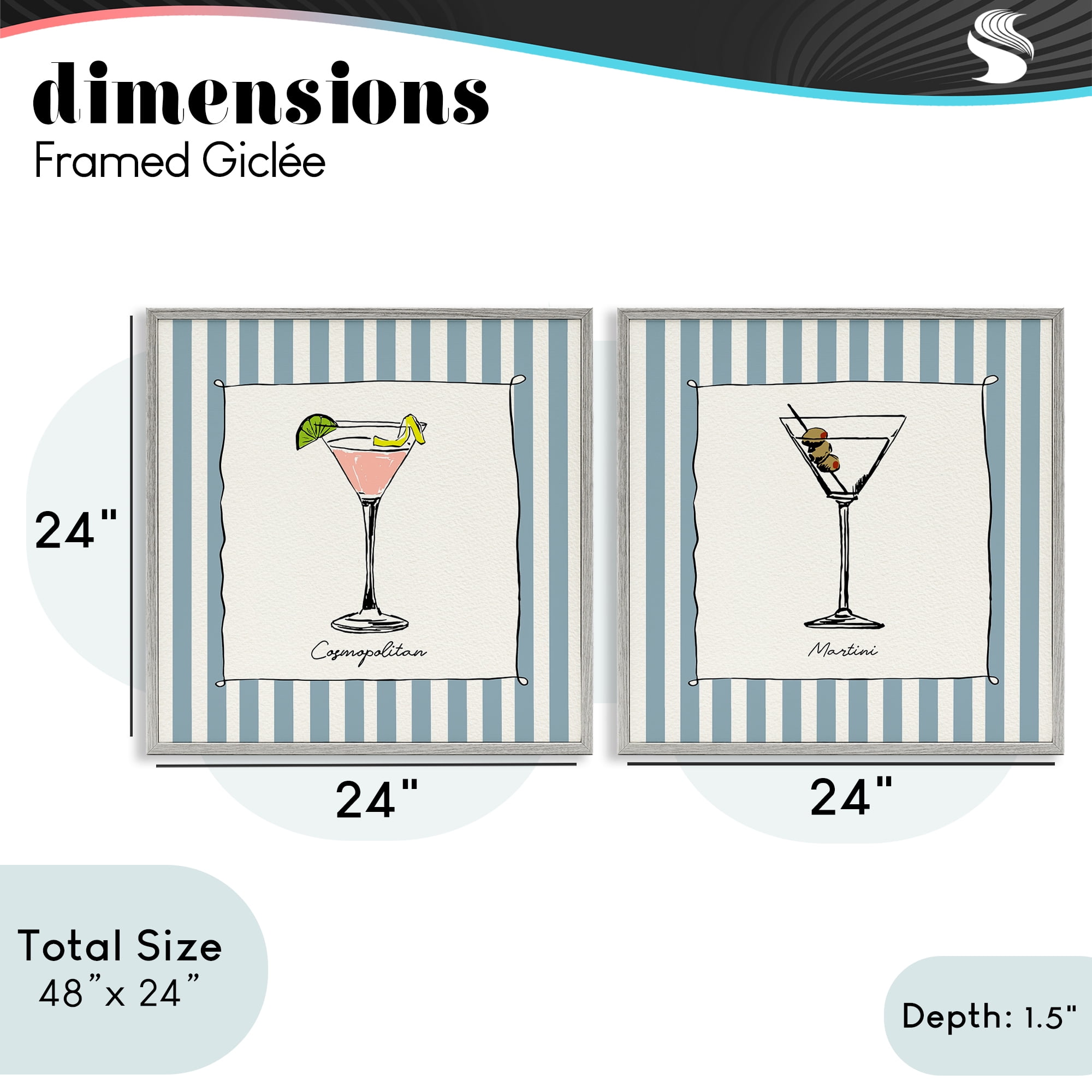 Stupell Industries Summer Drinks on Stripes 2 Piece Gray Framed Giclee Art Set, design by Susan Jill