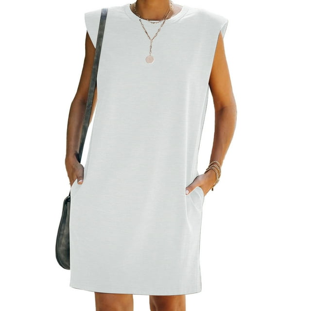 SMihono Robe Bohème d'Été pour Femmes Grande Taille Aguichant Mode pour Femmes Sans Manches Unie à Col Rond Ample Robe Mini pour Dames