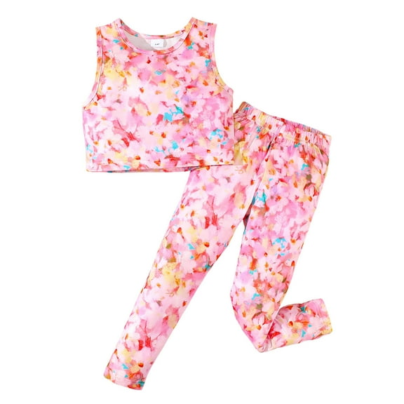5T Baby Girls Clothes 5T Girls 2PCS Outfits Set Flower Print Round Neck Toddler Girls Sleeveless Top Pants Set Pink