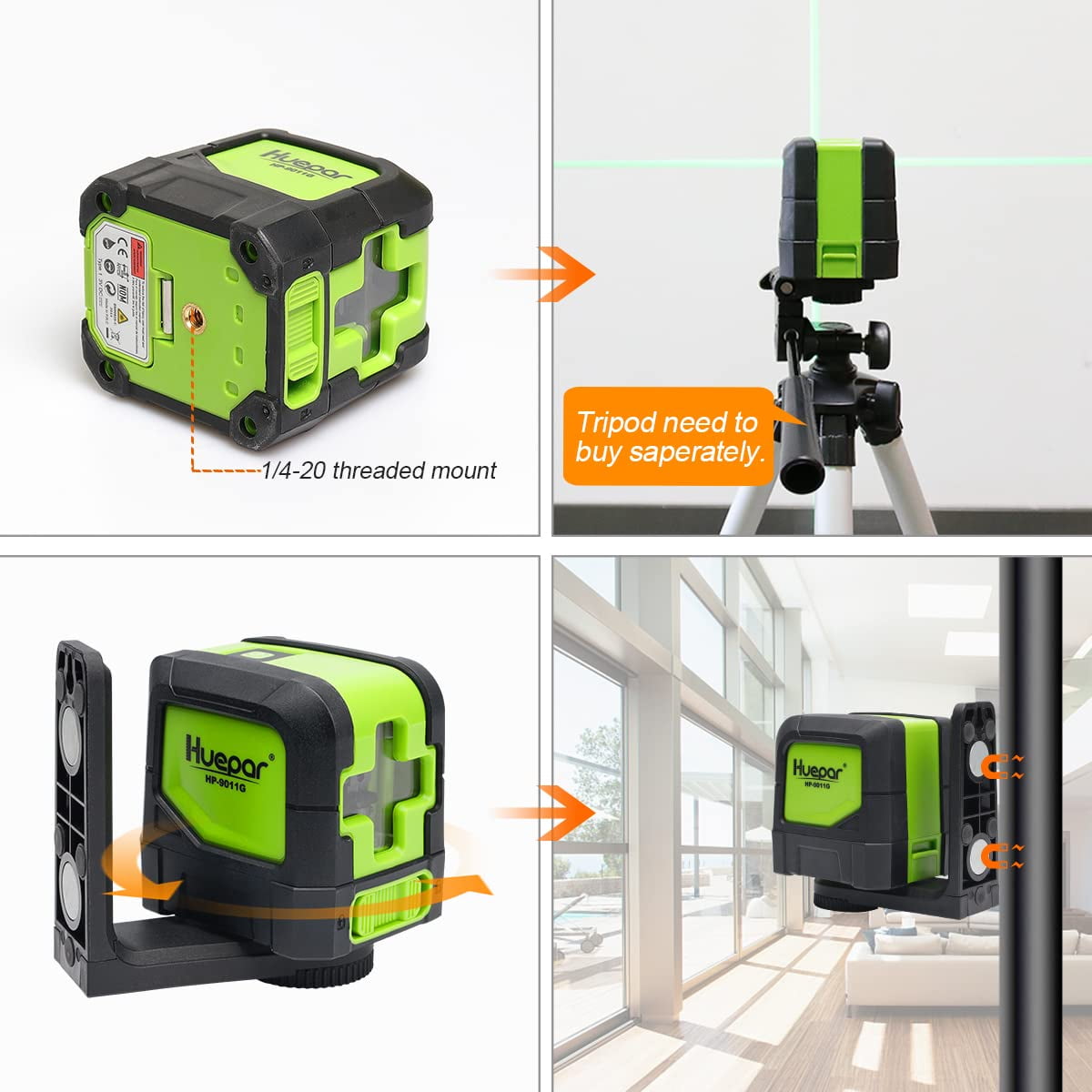 Huepar Cross Line Laser Level Green Beam Self-Leveling Laser Level Tools for Home DIY Picture Hanging with 360° Magnetic Pivoting Base