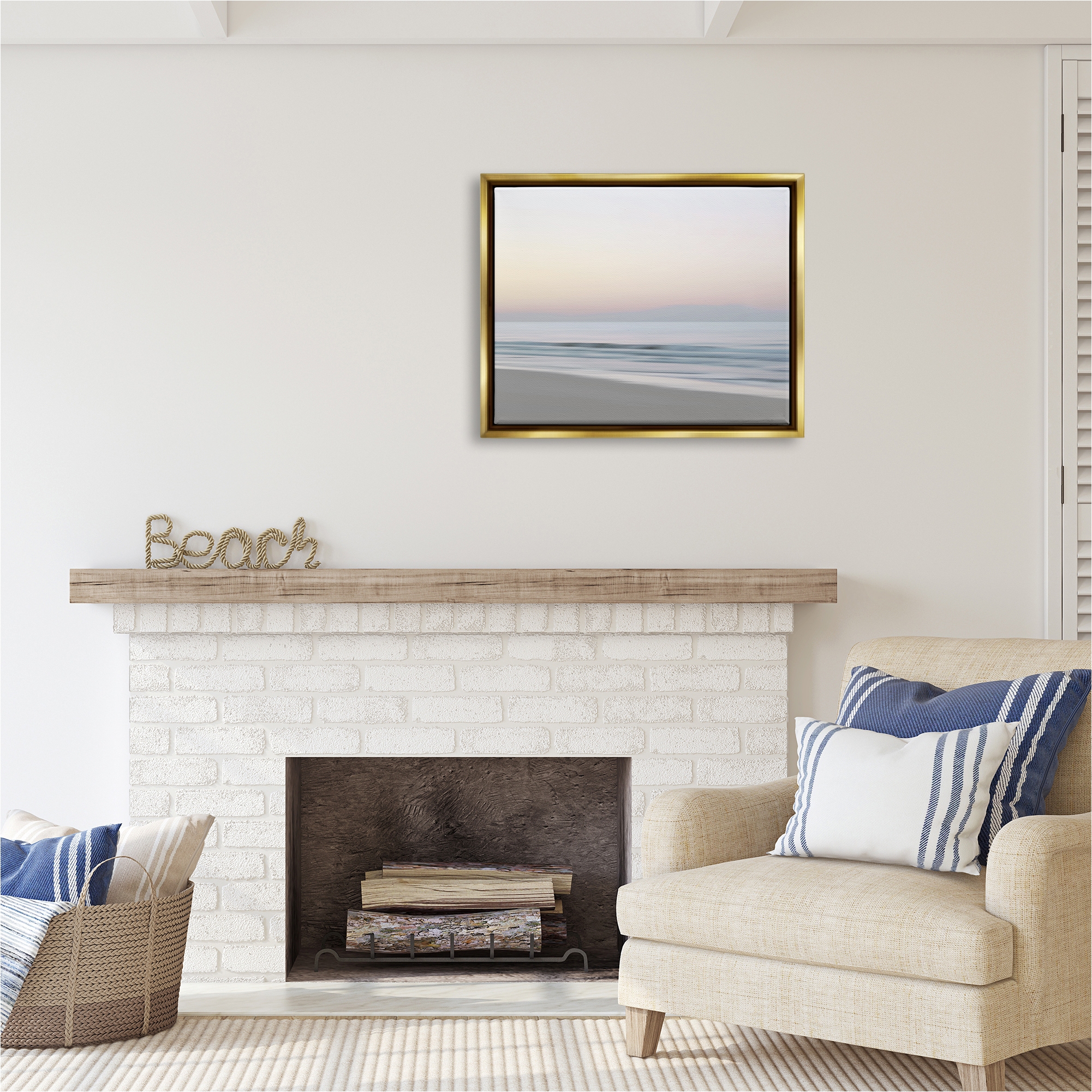 Stupell Industries Beach Shore Sunrise Landscape Painting Gold Floater Framed Canvas Art Print Wall Art, 31 x 25