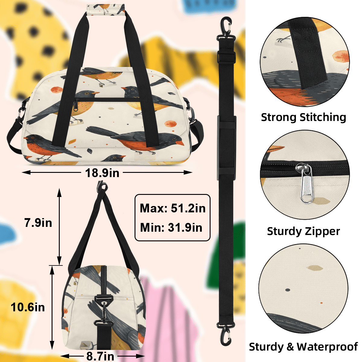 Herdesigns Bird Sports Duffle Bag for Women & Men, Bird Print Gym Bag Dance Bag Overnight Bag Carry On Weekender Travel Bag