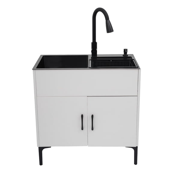 White Freestanding Double Kitchen Sink with Cabinet, Pull-Out Faucet, Soap Dispenser, Drainage Basket, 201 Stainless Steel & Wood, Black/White, 29.5"x16.1"x30.7", Easy Assembly, Complete Set
