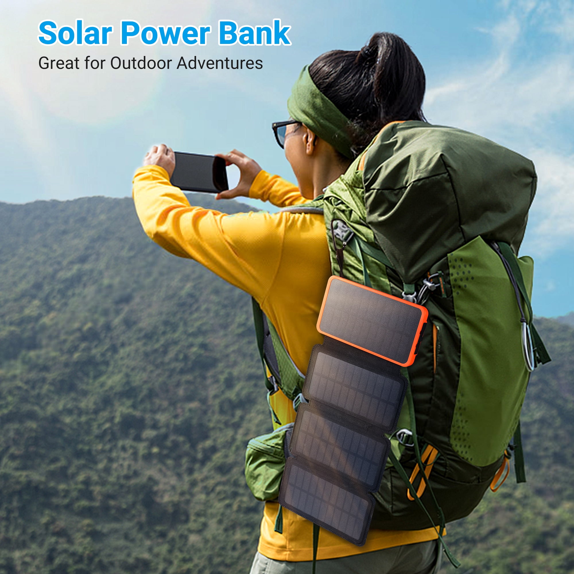 SOLPOWBEN 30000mAh Solar Power Bank with 4 Solar Panels, Portable Battery Pack, Compatible with iPhone 17 & USB-C Devices, Flashlight for Camping Travel (Orange)
