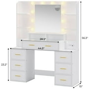 Afuhokles Glass Top Vanity Desk with Mirror and Lights, Makeup Vanity with Lights, Charging Station, 8 Drawers, Acrylic Dividers and Shelves, White
