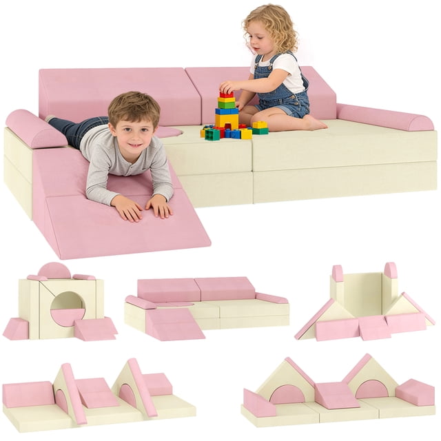 Qaba Canapé Modulable pour Enfants 12 Pcs, Sofa Sectionnel pour Enfant, Rose