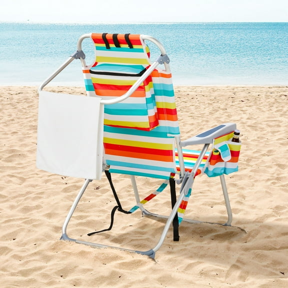 24.8×27.56×38.98in Heightened Oxford Cloth Aluminum Beach Chair (Rainbow Stripes), 5-Position Adjustable Back with Lay Flat, Side Cup Holder & Back Pouch, 220lbs Capacity, for Camping Picnic Sports