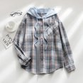 thumbnail image 2 of Kaprioy Womens Plaid Hoodie Long Sleeve Jacket Button Drawstring Casual Early Fall Fashion Shirts with Pocket Blue, XXL, 2 of 7