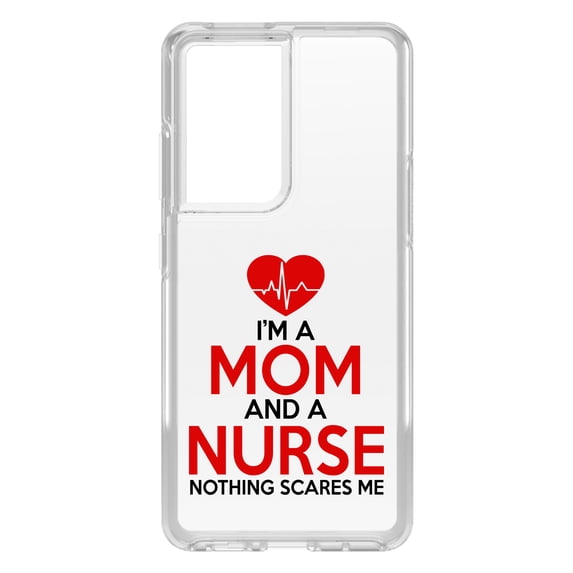 DistinctInk Clear Shockproof Hybrid Case for Galaxy S21 ULTRA 5G (6.8" Screen) - TPU Bumper Acrylic Back Tempered Glass Screen Protector - Mom and a Nurse Nothing Scares Me