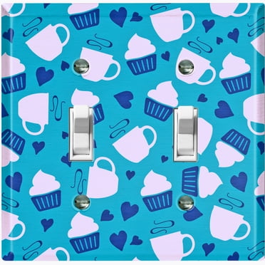 Metal Light Switch Wall Plate Outlet Cover (Coffee Espresso Mocha Cup Navy Blue Heart Baby Blue Cupcake - Double Toggle)