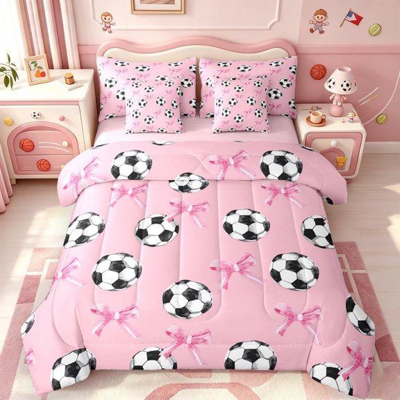 Manfei Cute Ribbon Bowtie 7-Piece Twin Bedding,American Soccer Bedding Comforter Set,Pink Reversible