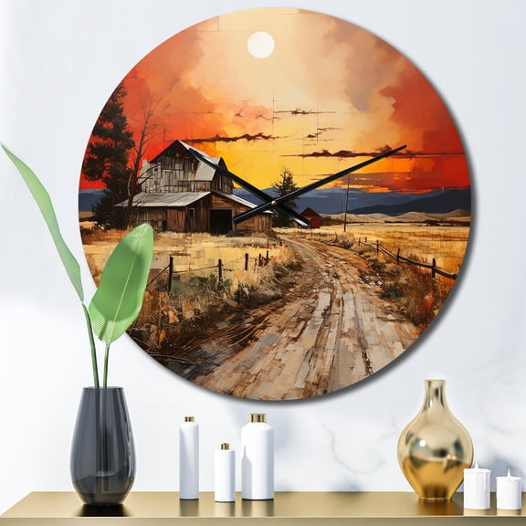 Designart "Rural Barns in Dot Art I" Countryside Oversized Wall Clock