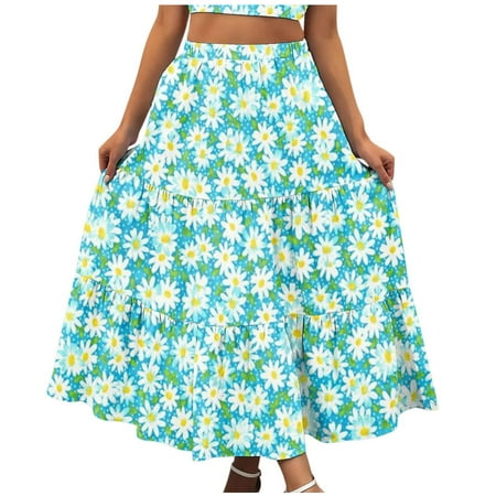 

Charella Women s Summer Sexy Casual Dress Floral Print Beach Long Skirts Boho Elastic High Waist Pleated A-Line Flowy Swing Ruffled Tiered Maxi Skirts Light Blue XL