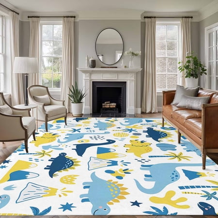 5x7 Washable Area Rug Children s Day Non-Slip Large Rectangle Rug for Living Room Bedroom Blue Yellow Dinosaurs Palm Tree Volcanoes Indoor Floor Mat for Home Decor