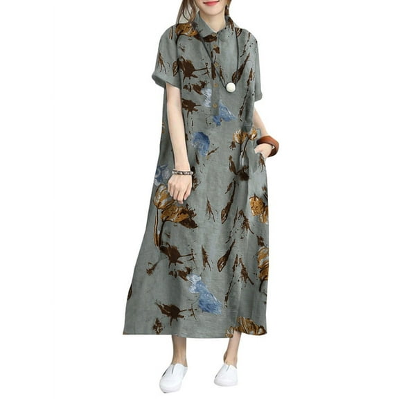 ZANZEA Dresses for Womens Short Sleeve Printed Vintage Midi Dress