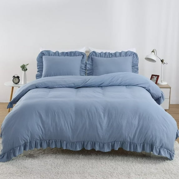 Yiwa Twin Size Ruffle Duvet Cover, 3 Pieces (68" W x 90" L 1 Duvet Cover, 1 Pillowcase) Washed Microfiber Duvet Cover Set, Blue