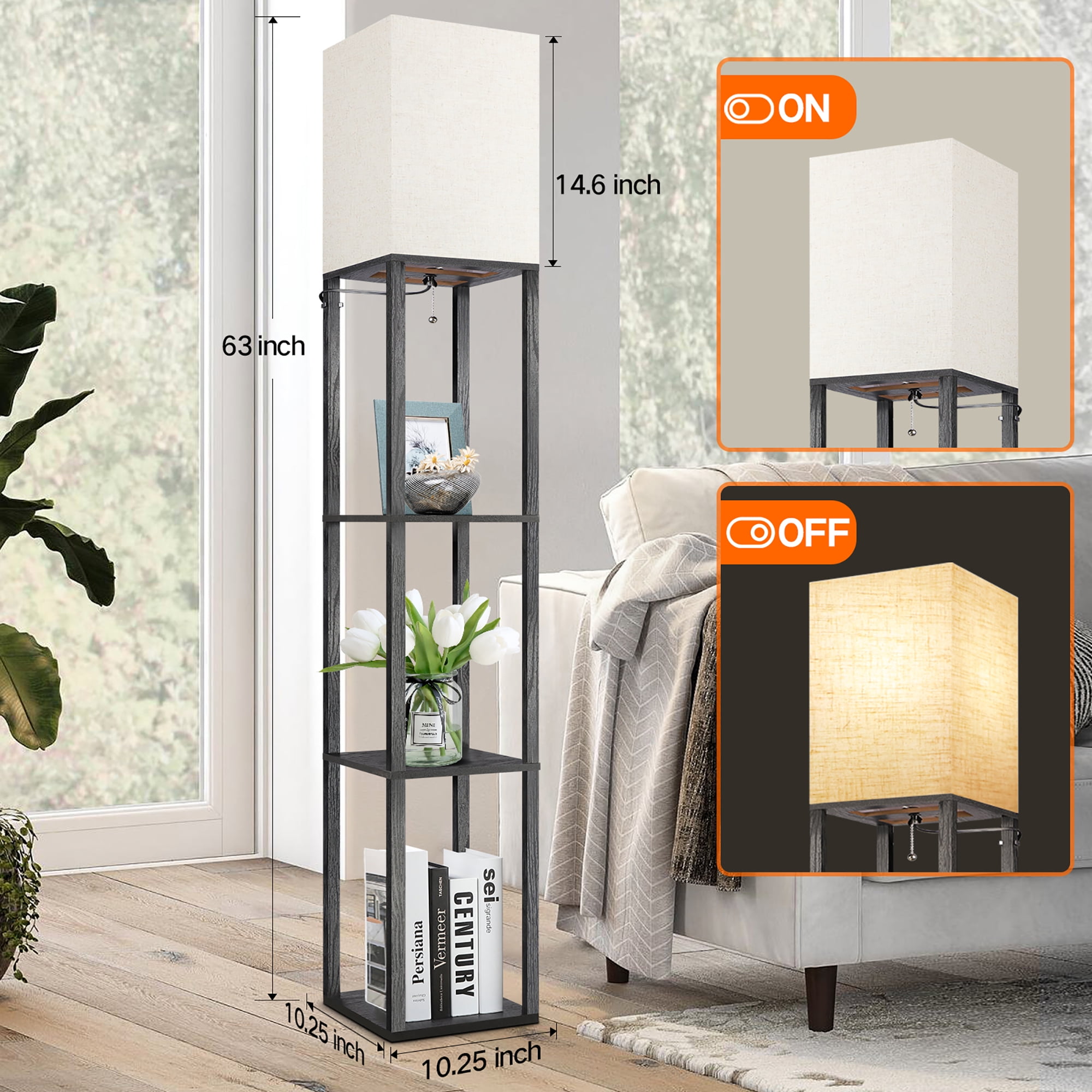 OUTON 63" Floor Lamp with Shelves, Modern Dimmable Standing Lamps with Remote Control for Living Room, Bedroom, Black