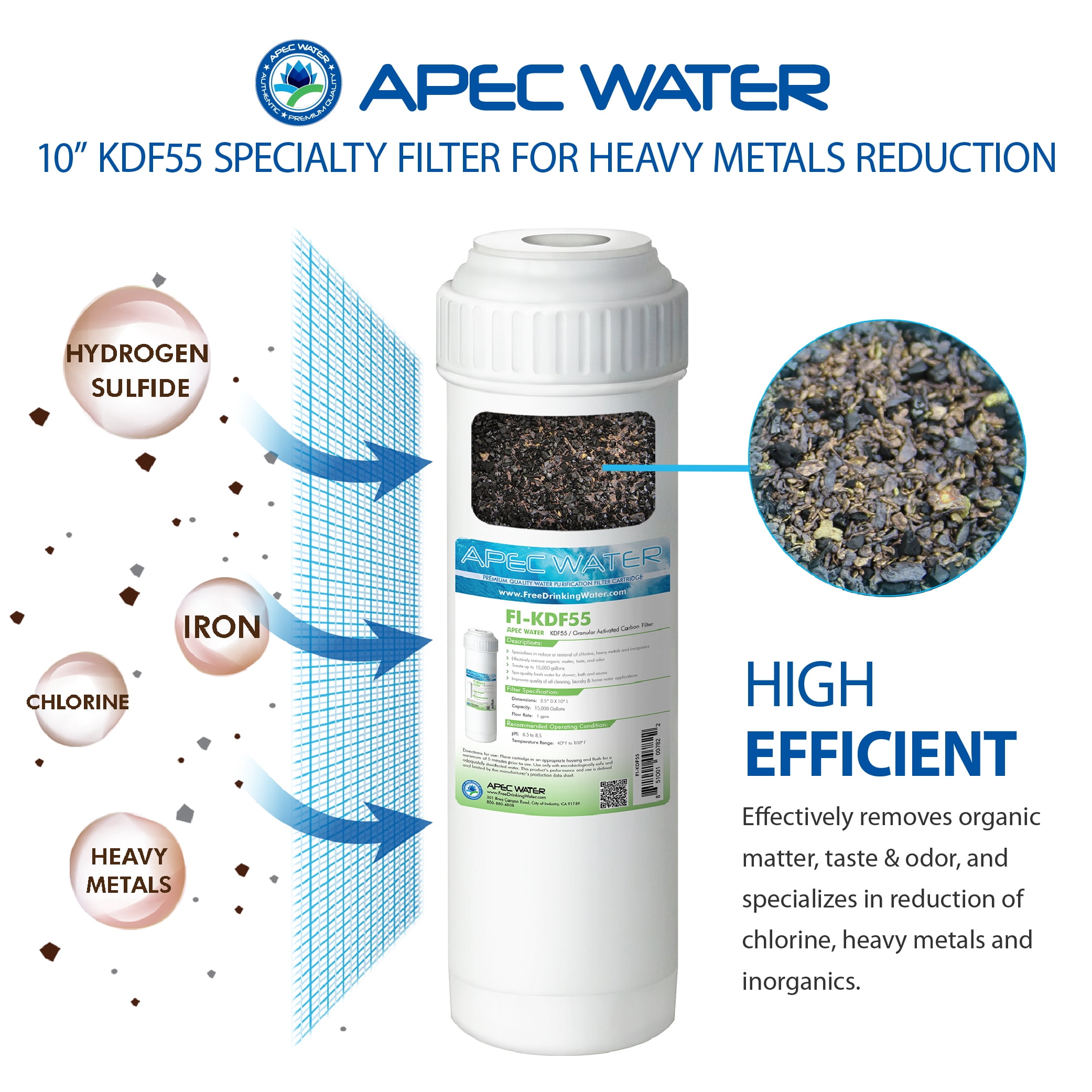 APEC 10 inch Replacement Water Filter for Chlorine, Heavy Metal and Bacteria Removal (FI-KDF55)