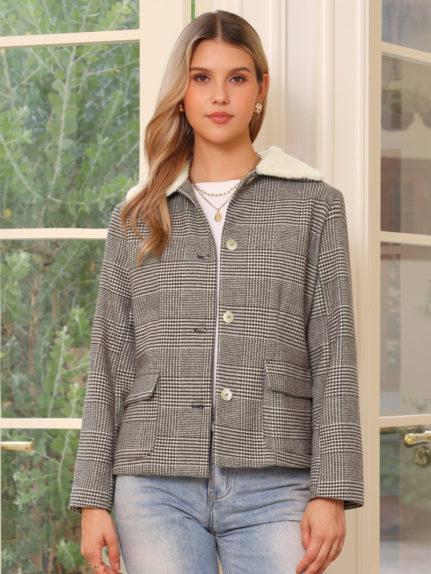 DARING DIVA Women's Peter Pan Collar Long Sleeve Houndstooth Jacket S Brown