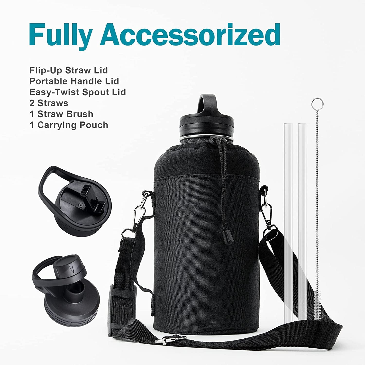 Buzio 64 oz Insulated Water Bottle with Straw & 3 Lids, Half Gallon Water Bottle Stainless Steel with Carrying Strap for Gym Sports Outdoor Hiking, Blue Starry Sky
