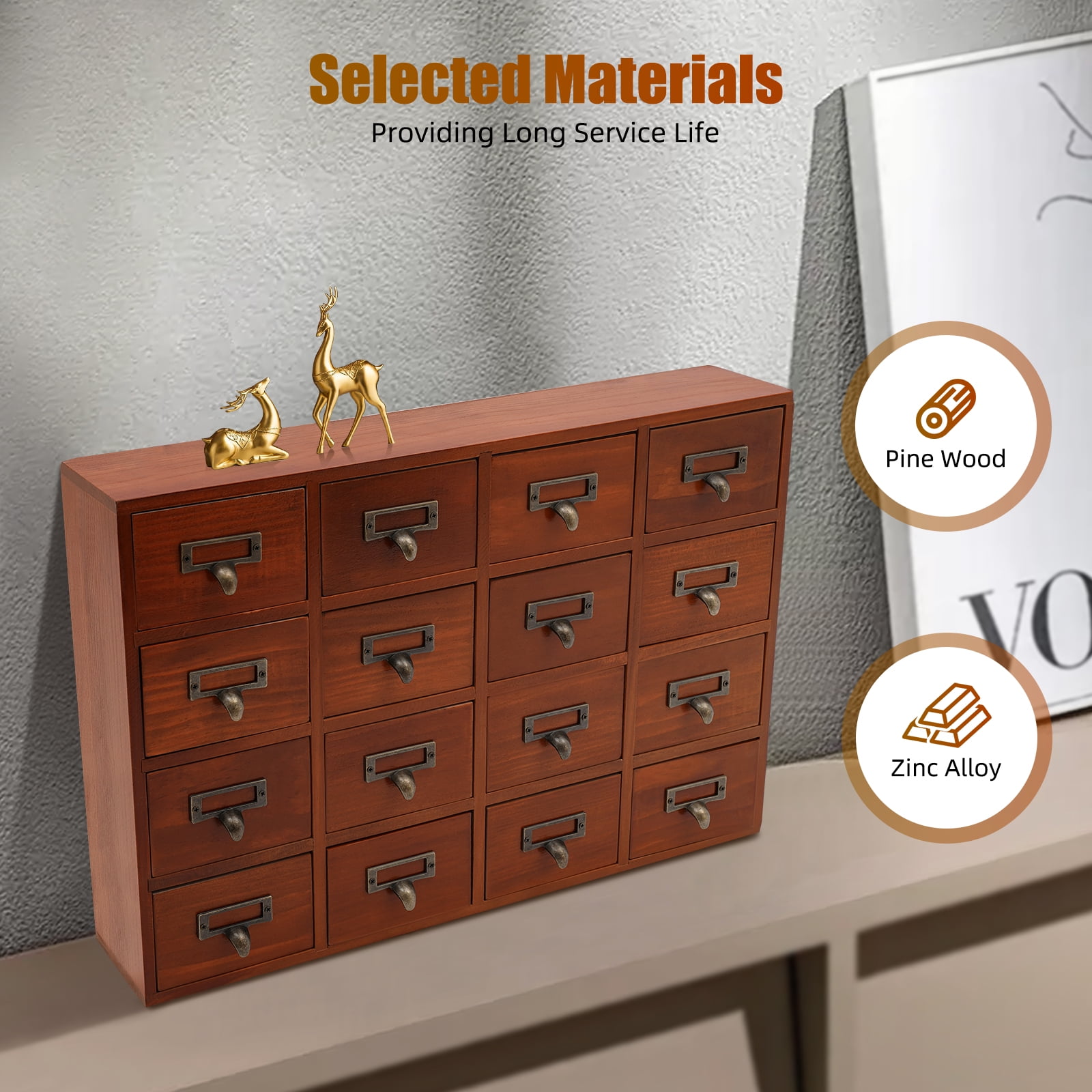 Peakora Vintage Wooden Cabinet Brown 16 Drawer Chinese Medicine Desk Drawer Organizer Small Storage Box for Living Rooms Bedrooms Study Rooms