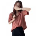 thumbnail image 1 of Solid Color Crop Top Short Sleeve Button Down T Shirts Lapel V Neck, 1 of 9