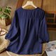 thumbnail image 4 of Vestidos Casuales Para Mujer, Blusas De Mujer De Moda Blusas de moda para mujer con cuello redondo, manga corta y botones de imitación de lino bordados, 4 of 9