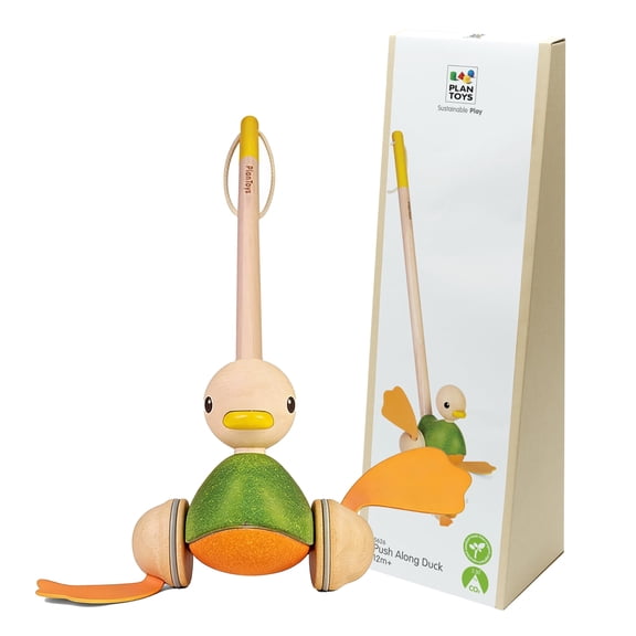 PlanToys® Wooden Push Along Duck Toy | Montessori Walking, Movement and Cause Effect Play Activity | Eco Friendly Pull and Push Toy for Early Development