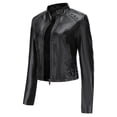 thumbnail image 3 of Chaqueta de cuero para mujer, chaqueta de motorista corta, cuello alto, cremallera, chaqueta de cuero, chaqueta de entretiempo para otoño y primavera, 3 of 6