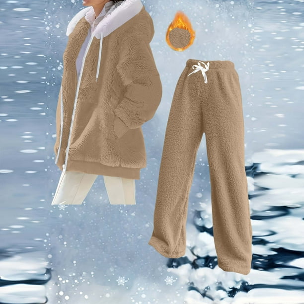 HongQid Womens 2 Piece Sweatsuit Set Sherpa Winter Coats Fleece Zip Up Jackets Warm Plush Hooded Plus Size Winter Coats Oversized Fuzzy Jackets with Pants