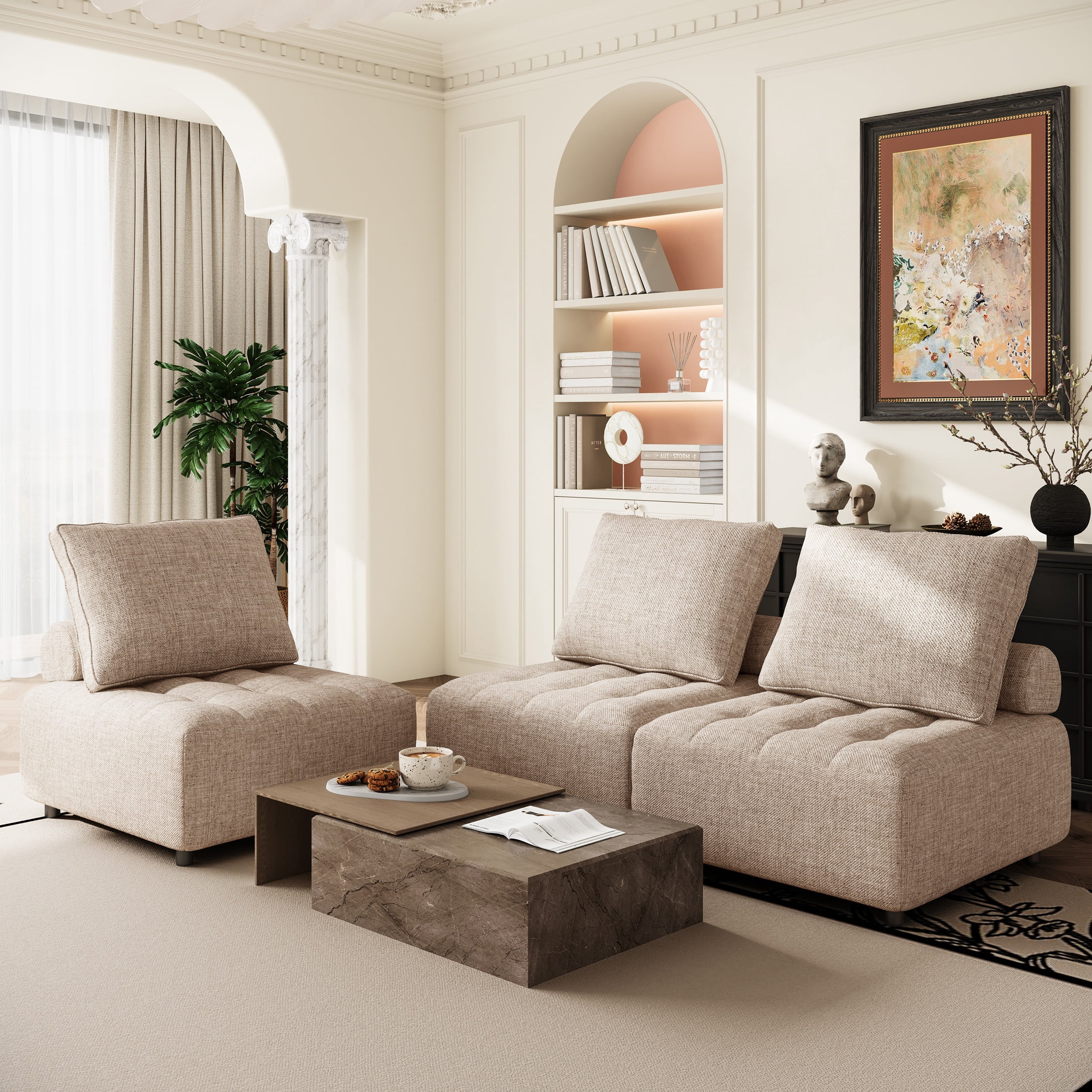PORKISS 3-Piece Outdoor Sectional Sofa Set, Modern Patio Furniture with Aluminium Frame, Support and Back Cushion, Modular Couch with Waterproof Sofa Cover for Living Room, Balcony, Light Brown