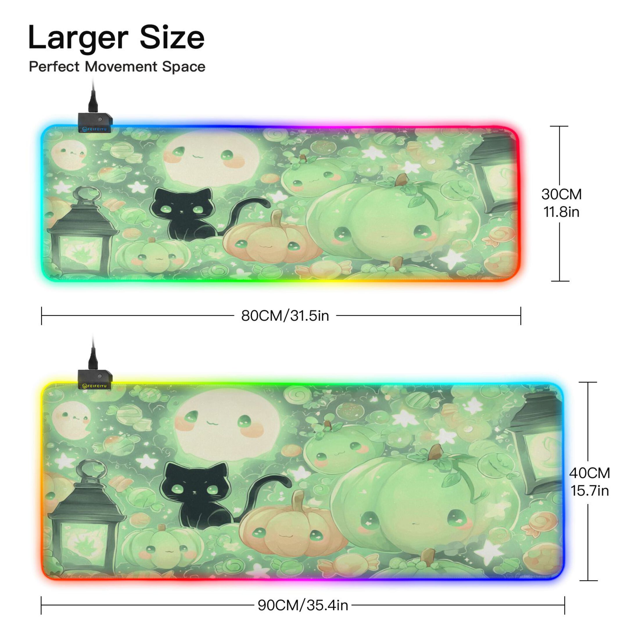Haosy RGB Led Gaming Mouse Pad Non-Slip Large Keyboard Desk Mat 13 Light Modes 31.5x11.8 inch Adorable Green Pumpkin Cat