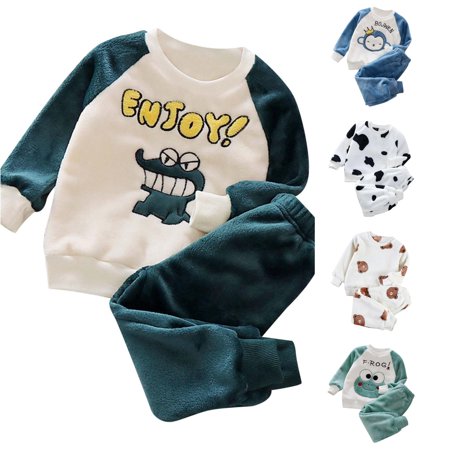Krdevn Kids Cartoon Bear Fleece Pajama Set Long Sleeve Crew Neck Top & Jogger Pants 2 Piece Warm Coral Fleece Loungewear Set Dark Blue