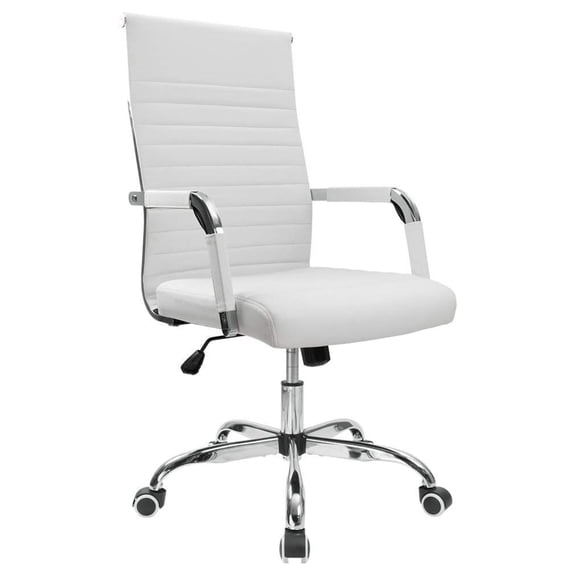 WDZS Ribbed Office Desk Chair Mid-Back PU Leather Executive Conference Task Chair Adjustable Swivel Chair with Arms (White)