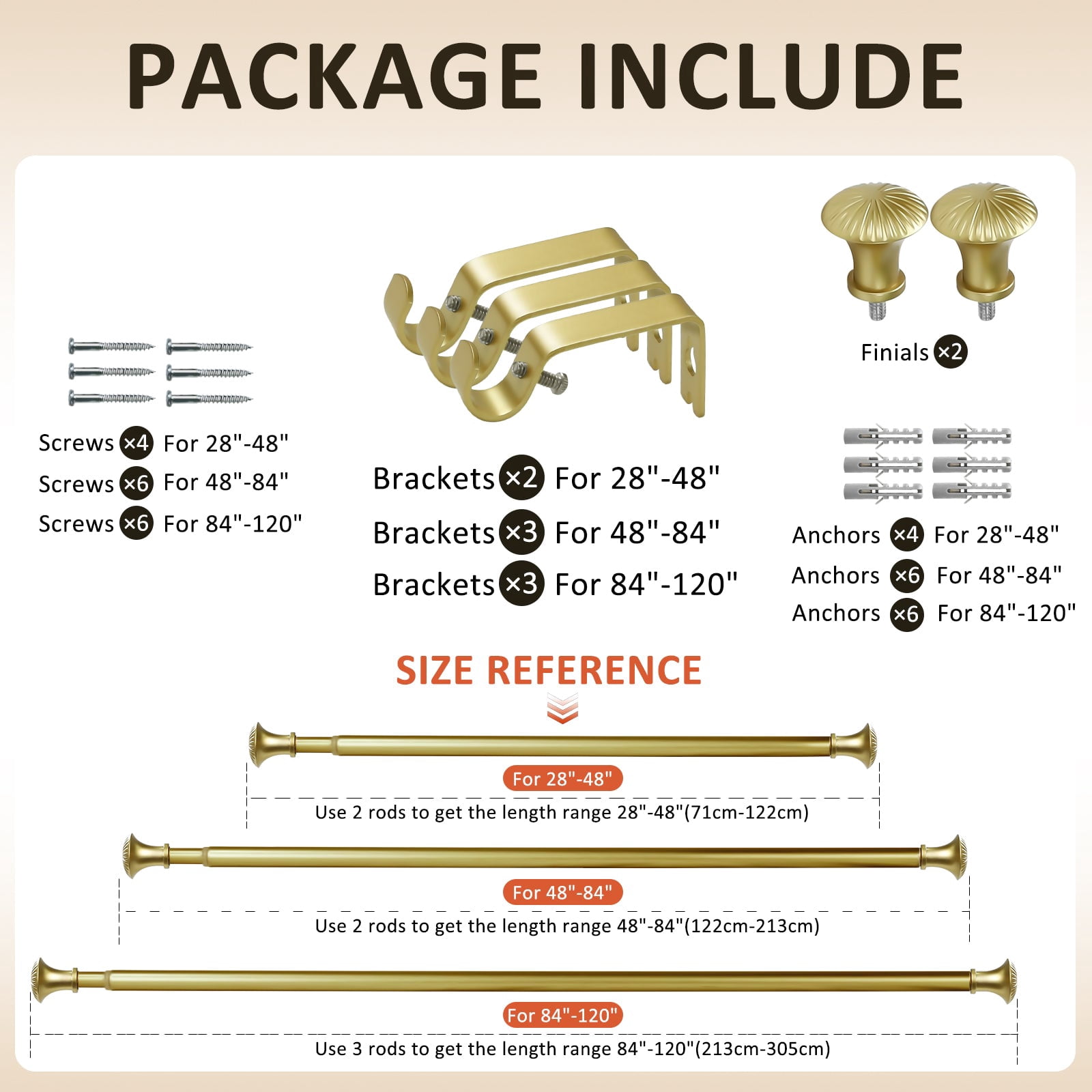 Ridicili 5/8" Telescoping Single Curtain Rods with Trumpet Finials,Gold, 48"-84"