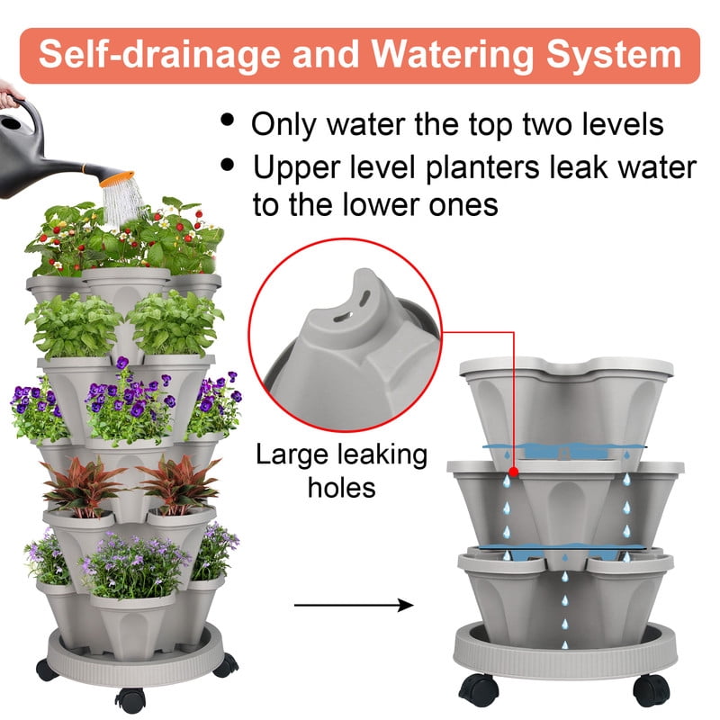 DUNCHATY 5 Tier Stackable Growing System for Strawberries and Herbs, High-Capacity Vertical Planter Tower, Outdoor Raised Garden Bed Alternative with Drainage Holes (Agreeable Gray)