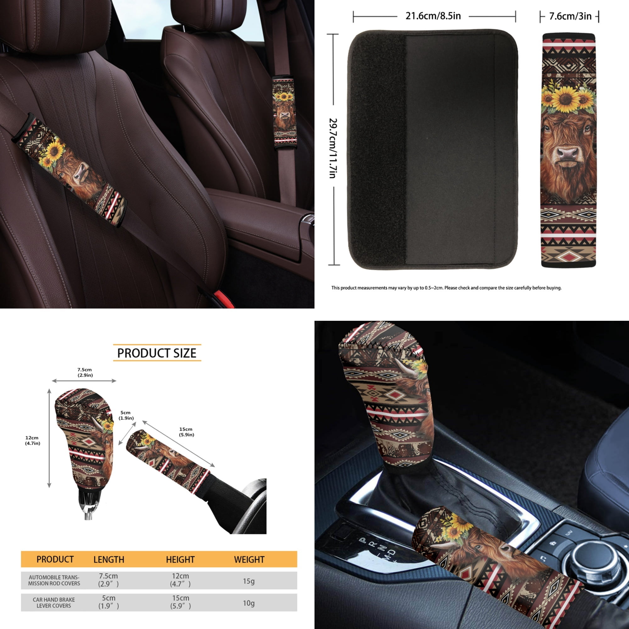 Jeiento Highland Cow Auto Accessories Set 14 Pcs Car Seat Cover Protector Steering Wheel Cover Seat Belt Covers Armrest Cushion Aztec Trash Can Rearview Mirror Protector Handbrake Cover Set Coasters