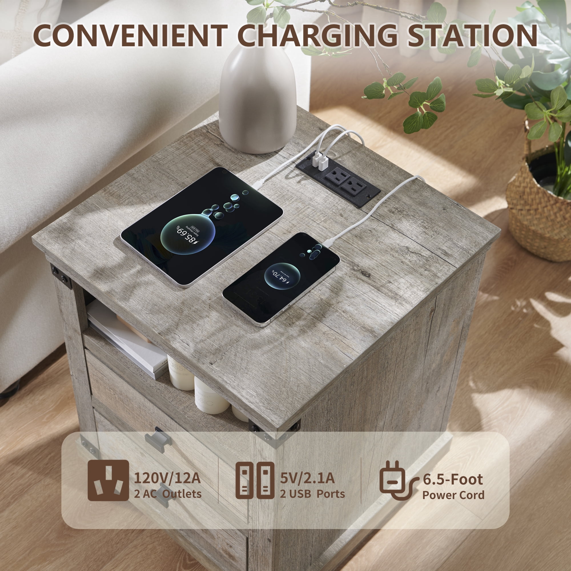 KeyWhat Farmhouse 18" Nightstand with Charging Station, Rustic Metal Wood End Table with Open Storage Shelf, Light Rustic Oak
