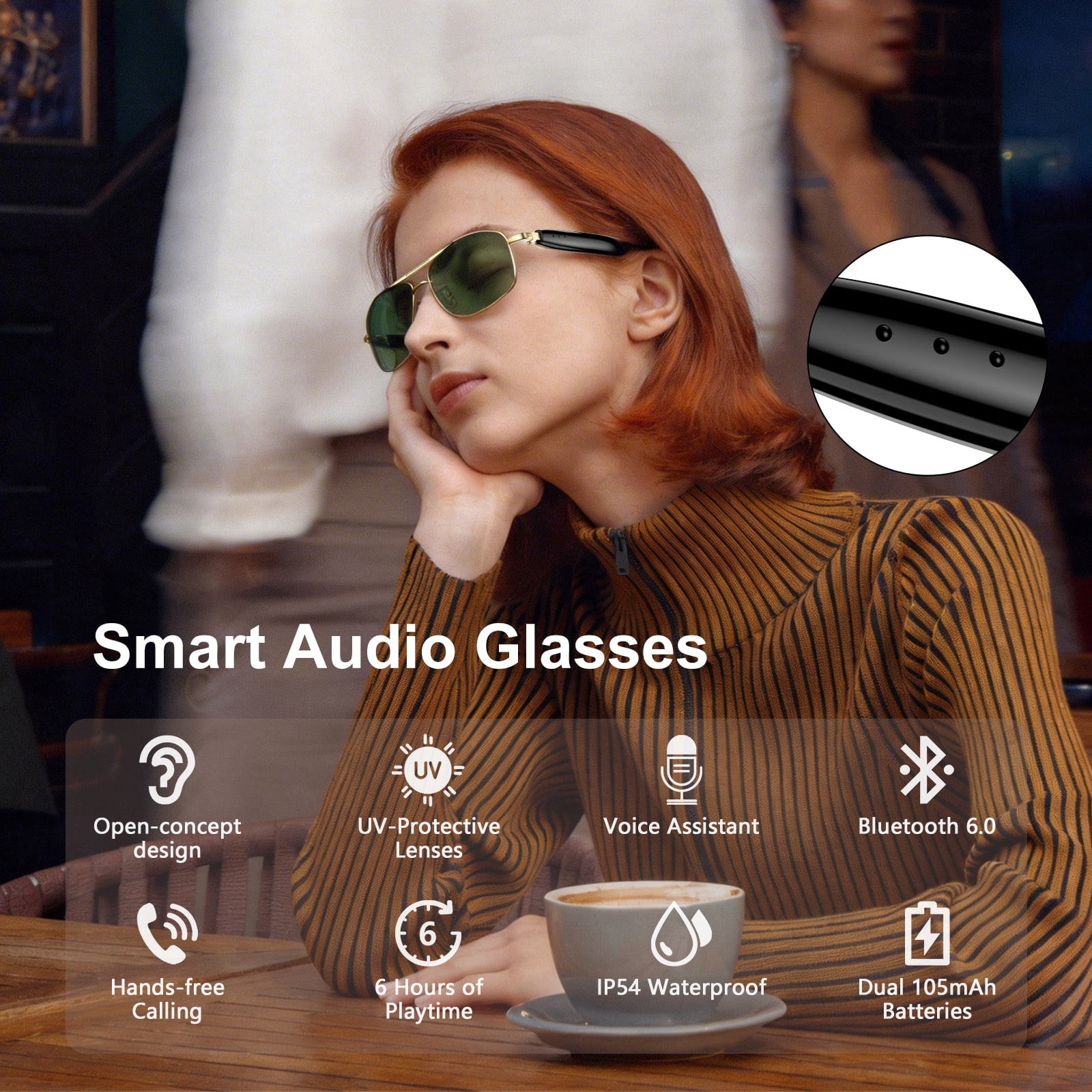 LUOMATE Smart Glasses with Bluetooth Audio, Sunglasses with Voice Assistant, Open Ear Speaker, LensTouch Control for Travel Work Business (Gold)