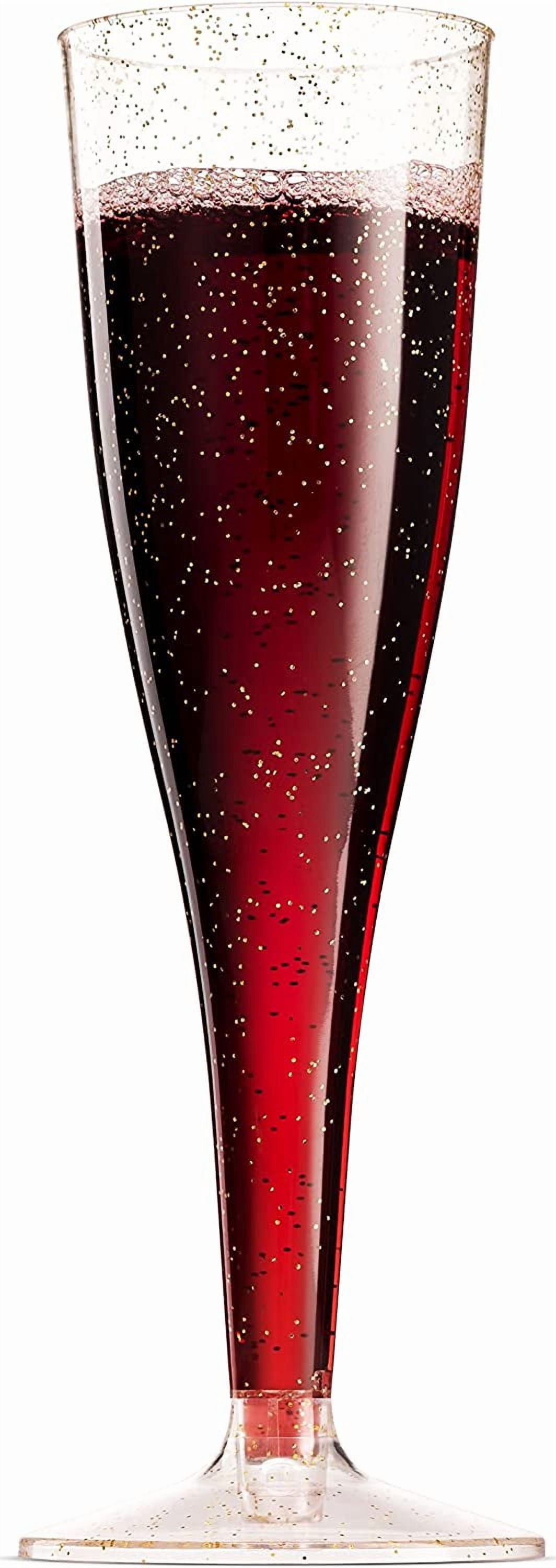 100 Plastic Champagne Flutes - 5 Oz Disposable Gold Glitter Champagne Glasses for Parties, Mimosa Bar, Events, Wedding and Shower Party Supplies - Toasting Cocktail Cups