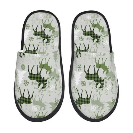 Balery green plaid Moose tree Slient Indoor Furry Fleece Comfort House Shoes Soft Non-Slip Home Shoes Cotton slippers House Slippers-- Medium