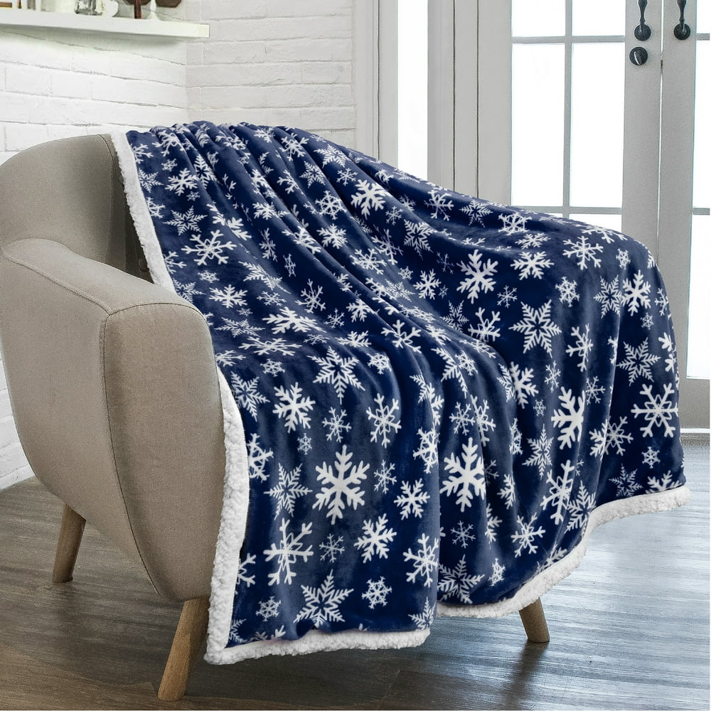 PAVILIA Premium Christmas Sherpa Throw Blanket Blue Snowflake