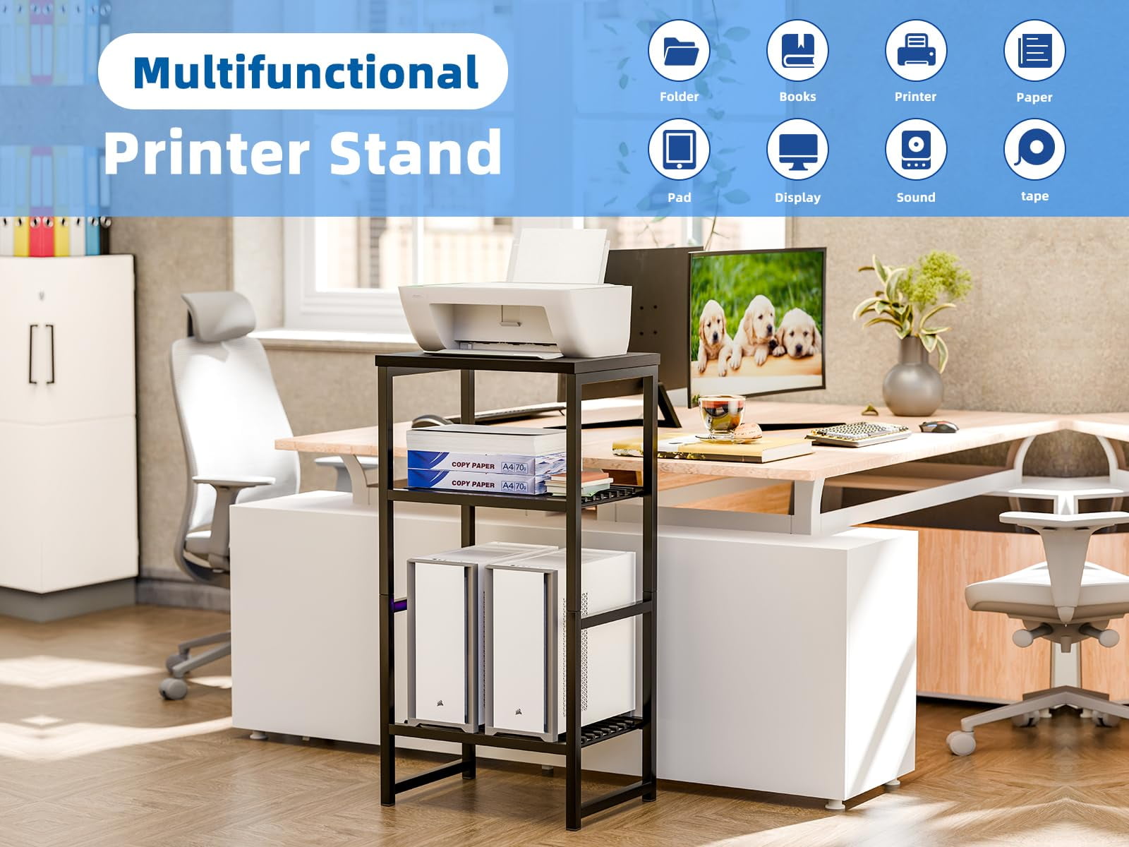 SUFAUY 3-Tier Printer Stand, Metal Shelving Unit for Under Desk with Wood Desktop, Black