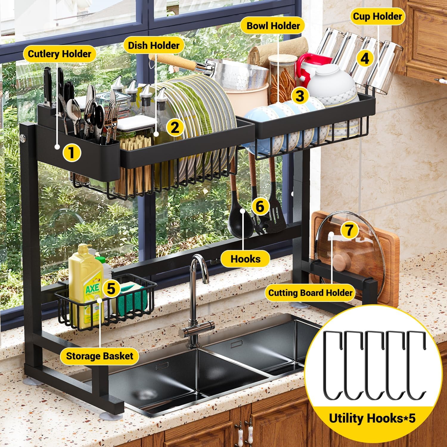 Adjustable Over Sink Dish Drying Rack with Snap-On Design - Expandable Length & Height